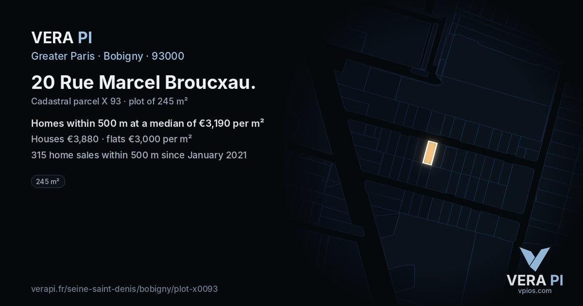20 Rue Marcel Broucxau, Bobigny at night – the plot lit, the parcels around coloured by the prices near them