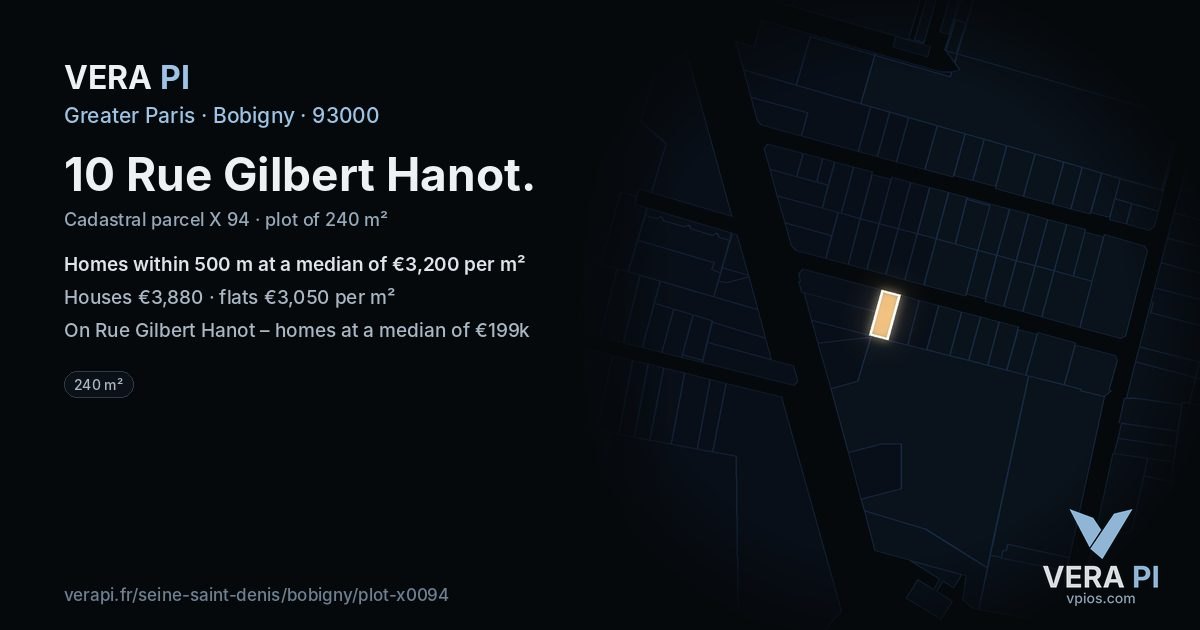 10 Rue Gilbert Hanot, Bobigny at night – the plot lit, the parcels around coloured by the prices near them