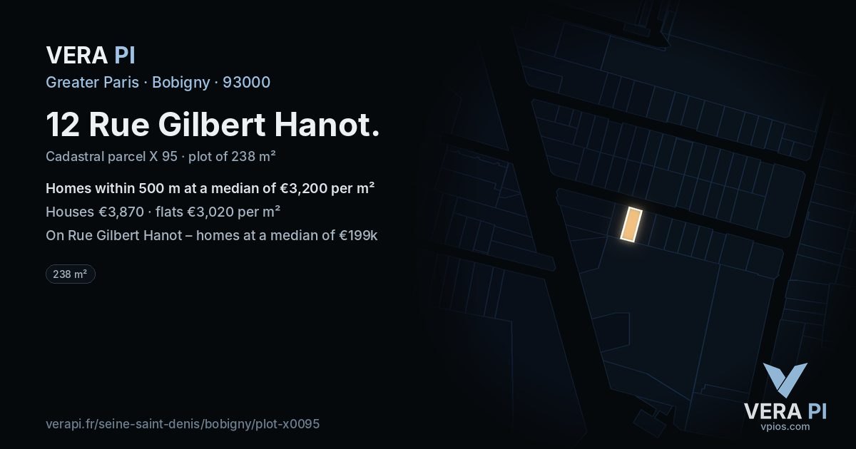 12 Rue Gilbert Hanot, Bobigny at night – the plot lit, the parcels around coloured by the prices near them