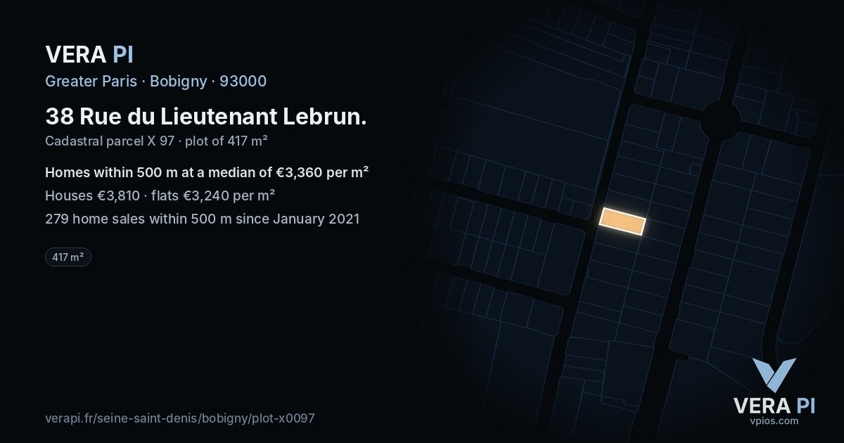 38 Rue du Lieutenant Lebrun, Bobigny at night – the plot lit, the parcels around coloured by the prices near them