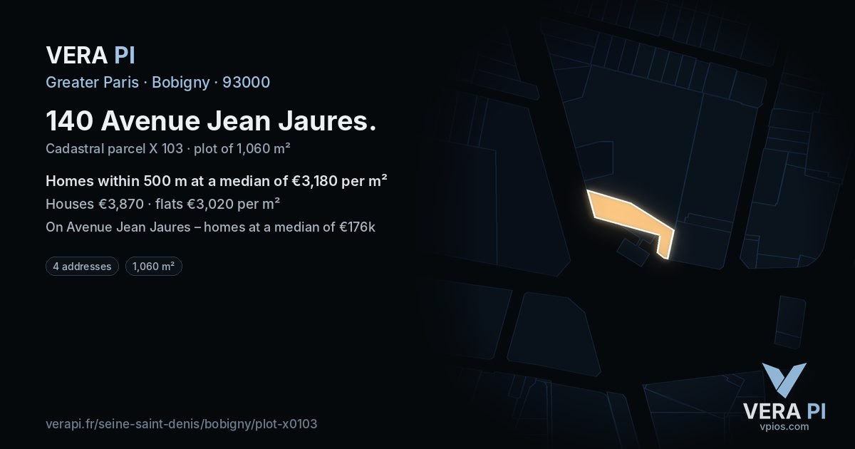 140 Avenue Jean Jaures, Bobigny at night – the plot lit, the parcels around coloured by the prices near them
