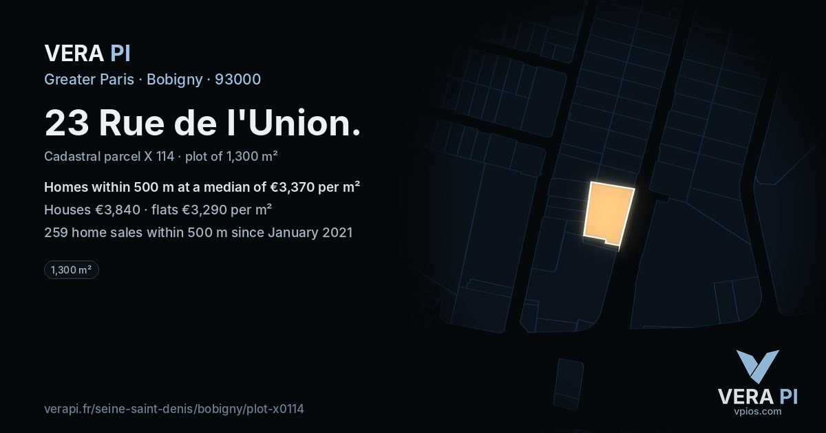 23 Rue de l'Union, Bobigny at night – the plot lit, the parcels around coloured by the prices near them