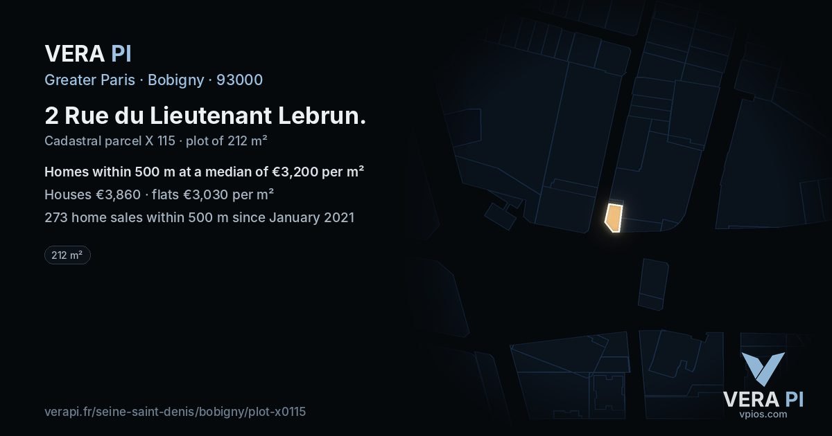 2 Rue du Lieutenant Lebrun, Bobigny at night – the plot lit, the parcels around coloured by the prices near them