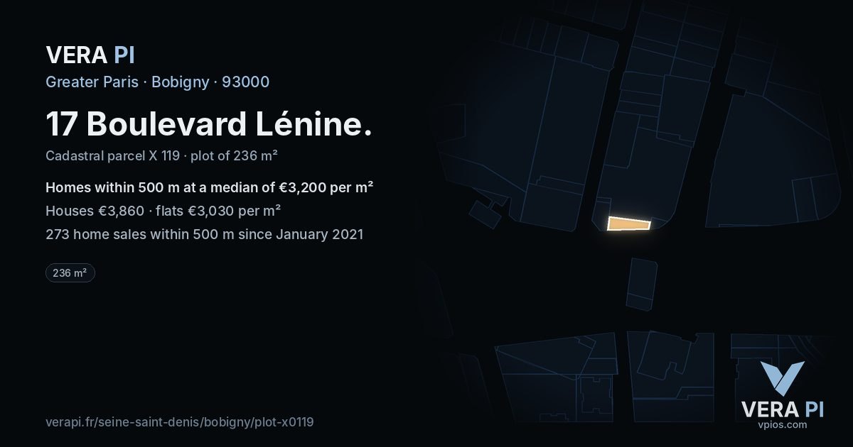 17 Boulevard Lénine, Bobigny at night – the plot lit, the parcels around coloured by the prices near them