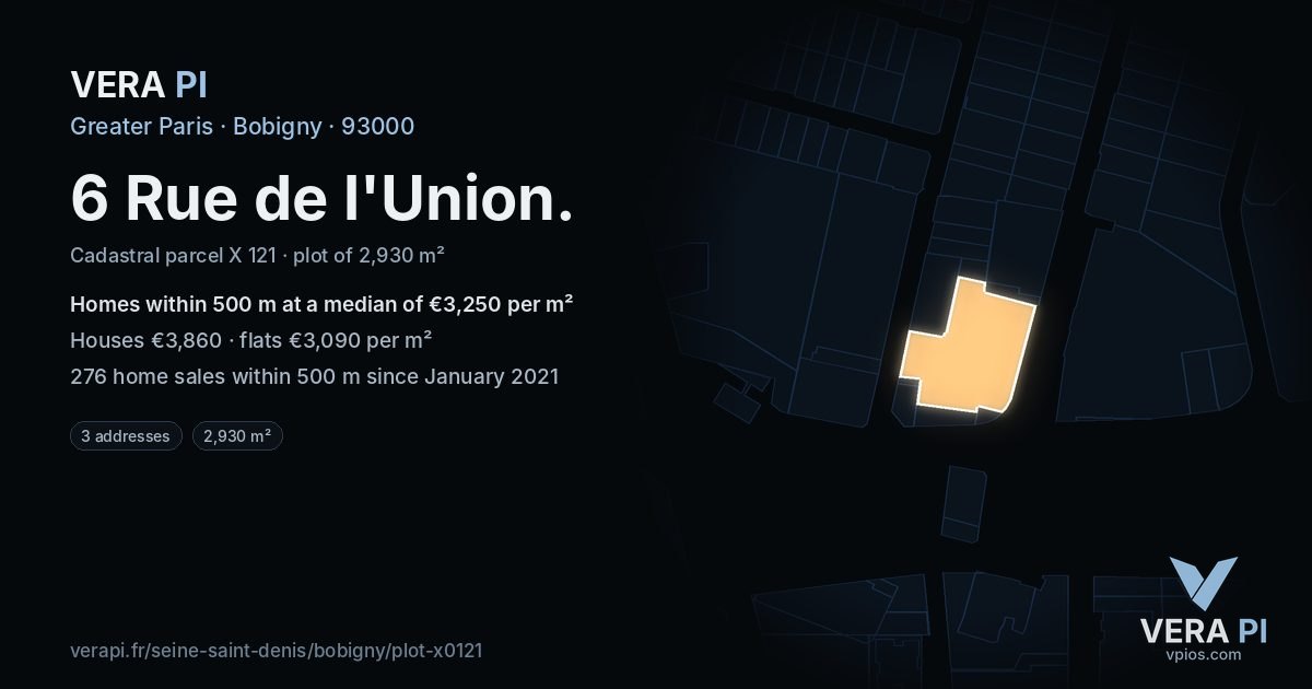 6 Rue de l'Union, Bobigny at night – the plot lit, the parcels around coloured by the prices near them