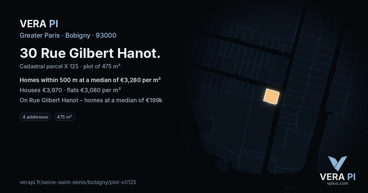 30 Rue Gilbert Hanot, Bobigny at night – the plot lit, the parcels around coloured by the prices near them