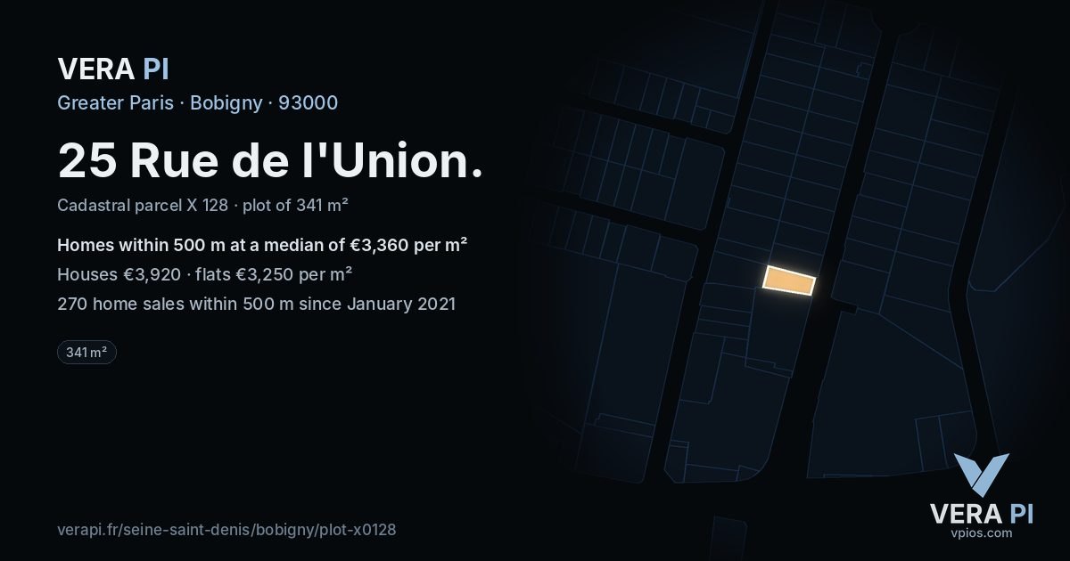 25 Rue de l'Union, Bobigny at night – the plot lit, the parcels around coloured by the prices near them