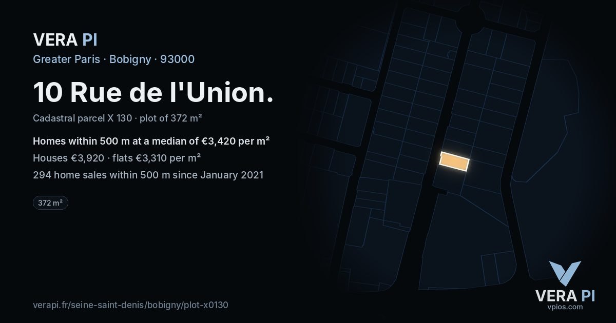 10 Rue de l'Union, Bobigny at night – the plot lit, the parcels around coloured by the prices near them