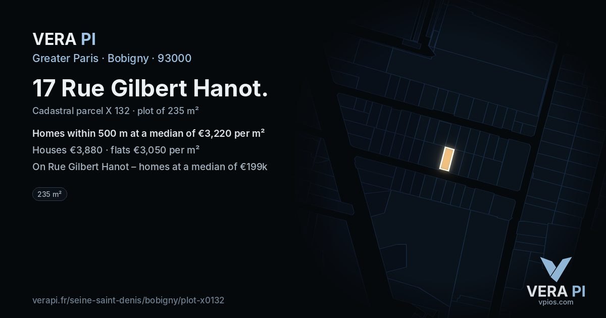 17 Rue Gilbert Hanot, Bobigny at night – the plot lit, the parcels around coloured by the prices near them