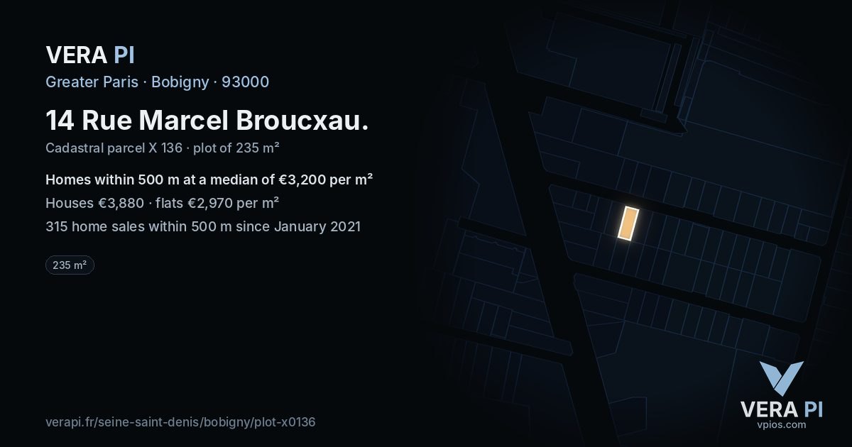 14 Rue Marcel Broucxau, Bobigny at night – the plot lit, the parcels around coloured by the prices near them