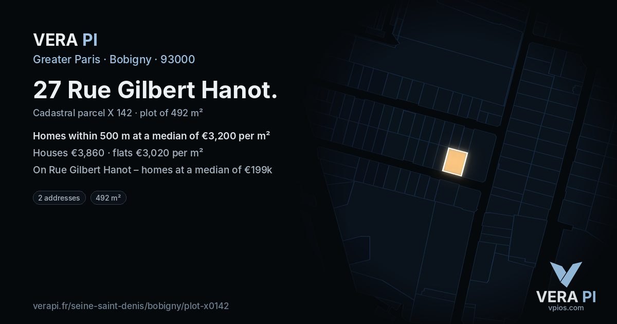 27 Rue Gilbert Hanot, Bobigny at night – the plot lit, the parcels around coloured by the prices near them