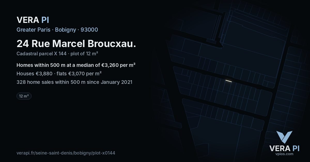 24 Rue Marcel Broucxau, Bobigny at night – the plot lit, the parcels around coloured by the prices near them