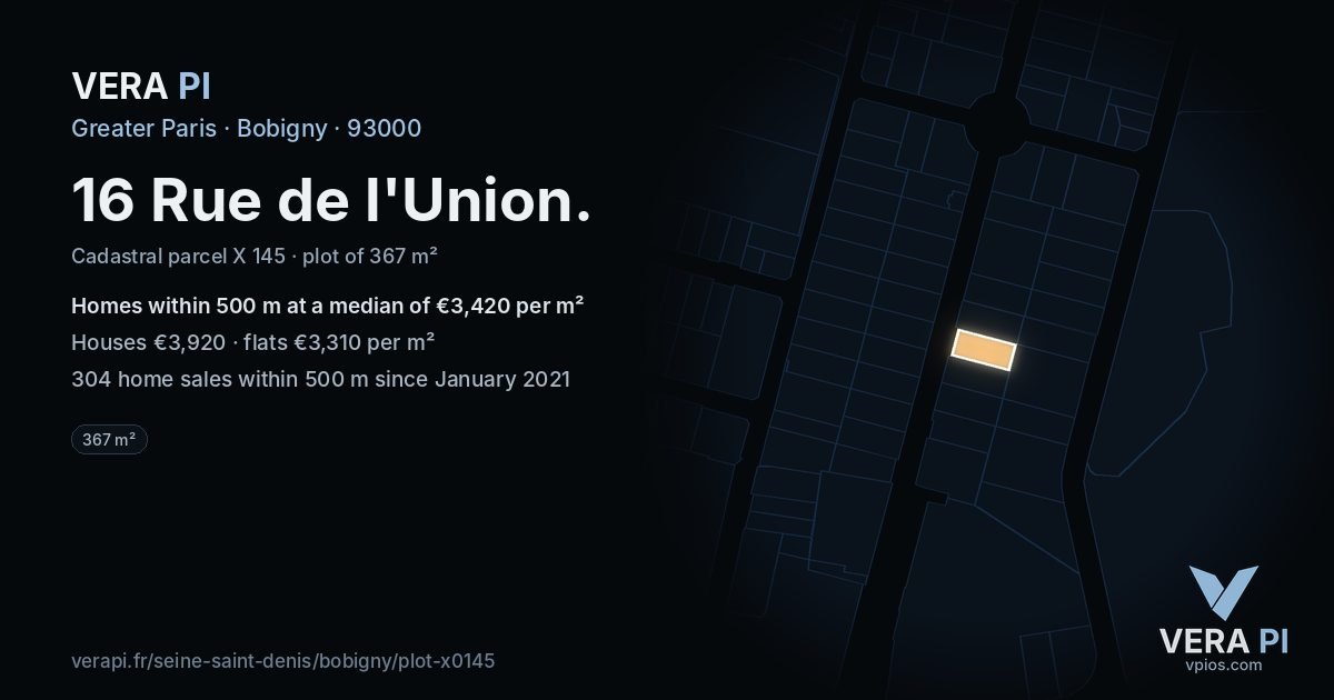 16 Rue de l'Union, Bobigny at night – the plot lit, the parcels around coloured by the prices near them