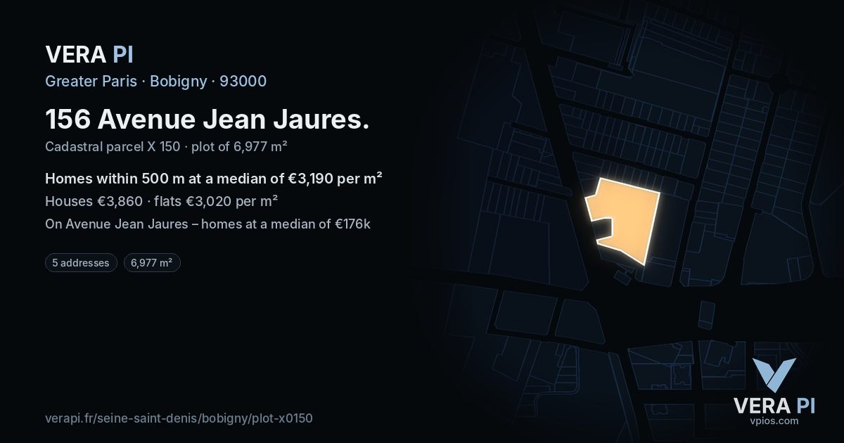 156 Avenue Jean Jaures, Bobigny at night – the plot lit, the parcels around coloured by the prices near them