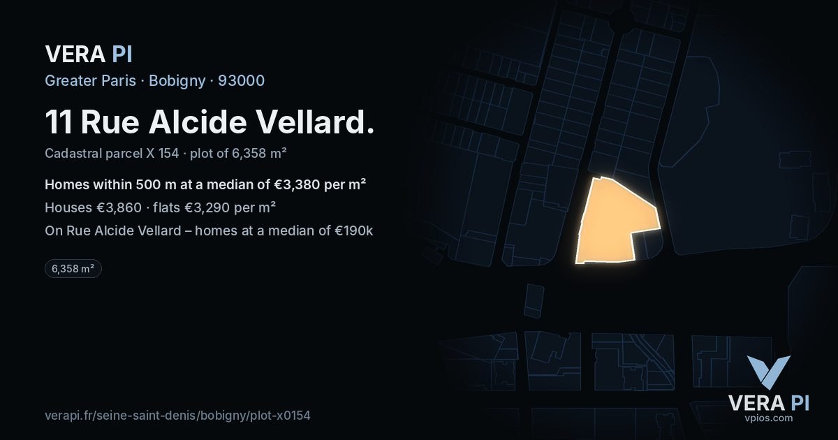11 Rue Alcide Vellard, Bobigny at night – the plot lit, the parcels around coloured by the prices near them