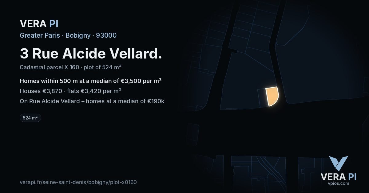 3 Rue Alcide Vellard, Bobigny at night – the plot lit, the parcels around coloured by the prices near them