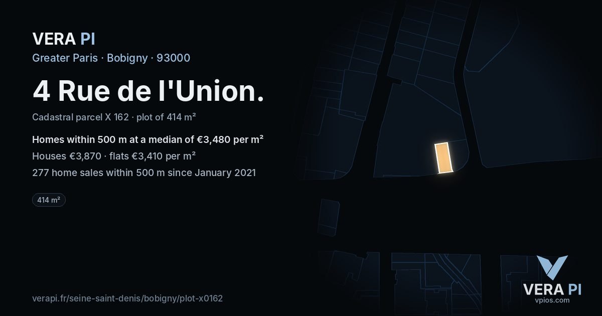4 Rue de l'Union, Bobigny at night – the plot lit, the parcels around coloured by the prices near them