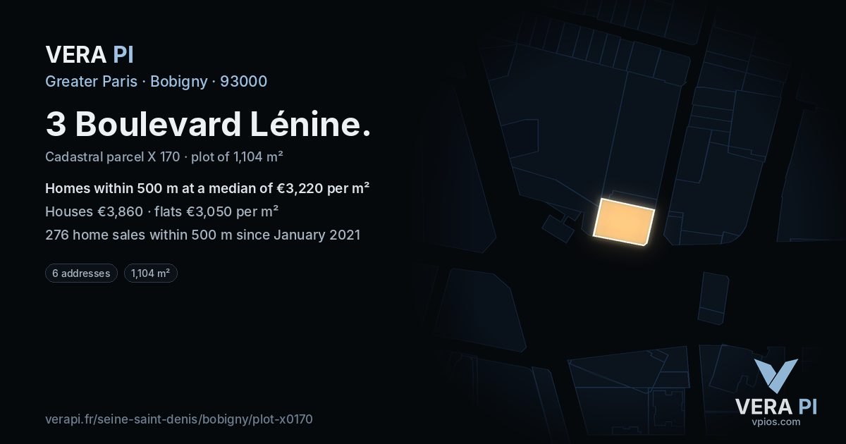 3 Boulevard Lénine, Bobigny at night – the plot lit, the parcels around coloured by the prices near them