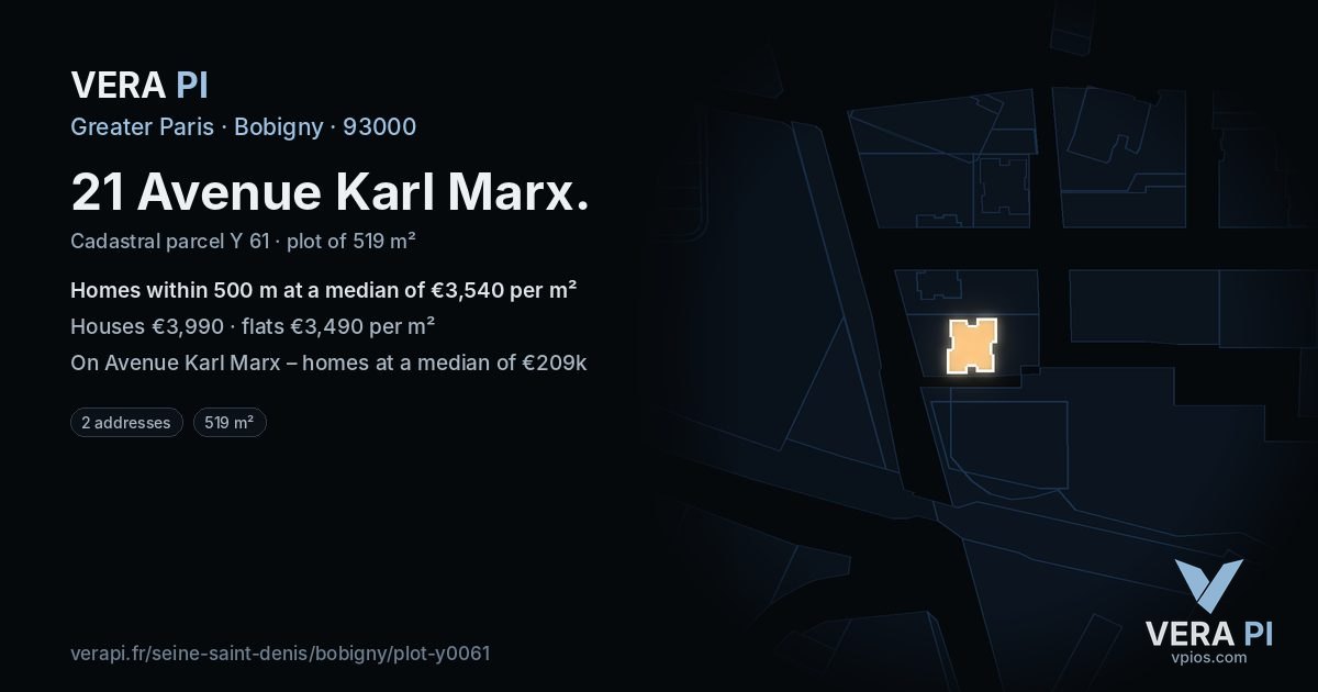 21 Avenue Karl Marx, Bobigny at night – the plot lit, the parcels around coloured by the prices near them