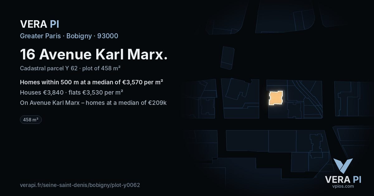 16 Avenue Karl Marx, Bobigny at night – the plot lit, the parcels around coloured by the prices near them