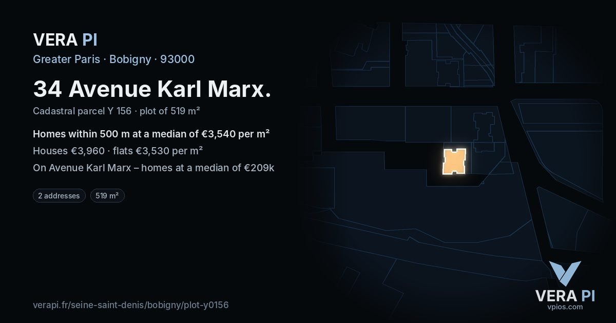 34 Avenue Karl Marx, Bobigny at night – the plot lit, the parcels around coloured by the prices near them