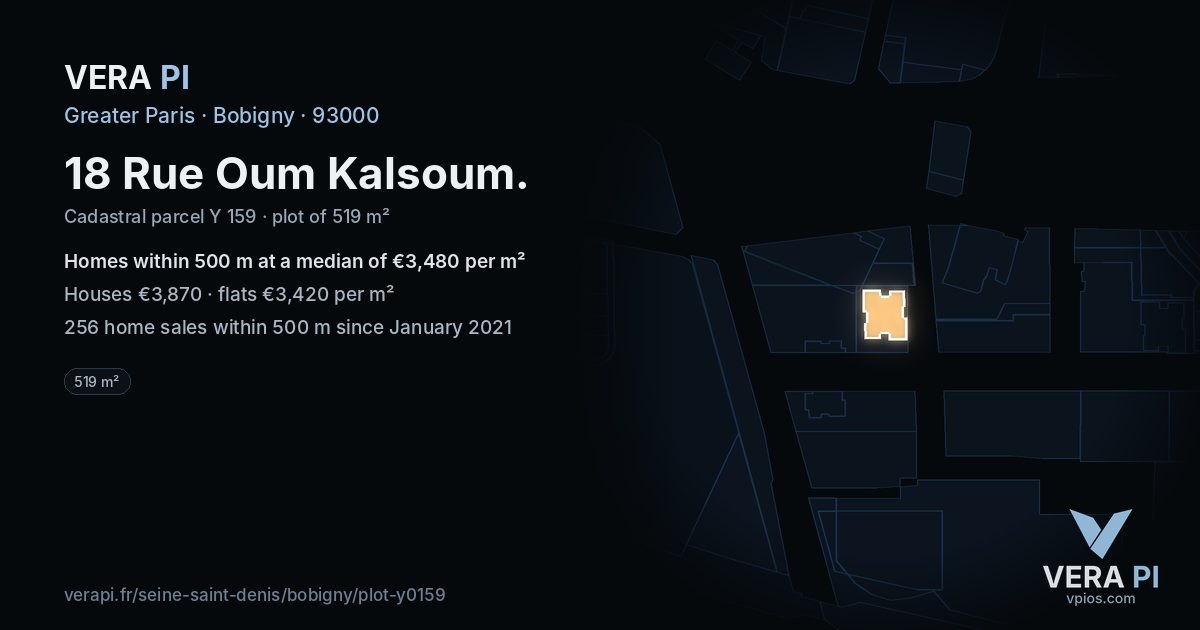 18 Rue Oum Kalsoum, Bobigny at night – the plot lit, the parcels around coloured by the prices near them