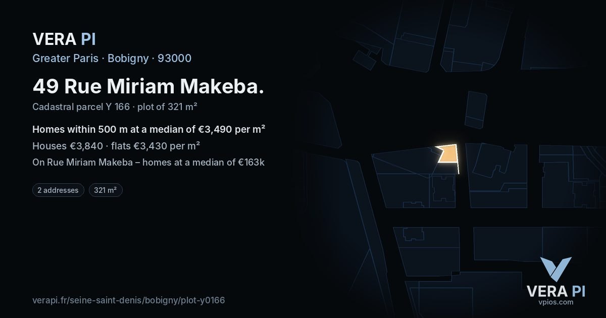 49 Rue Miriam Makeba, Bobigny at night – the plot lit, the parcels around coloured by the prices near them