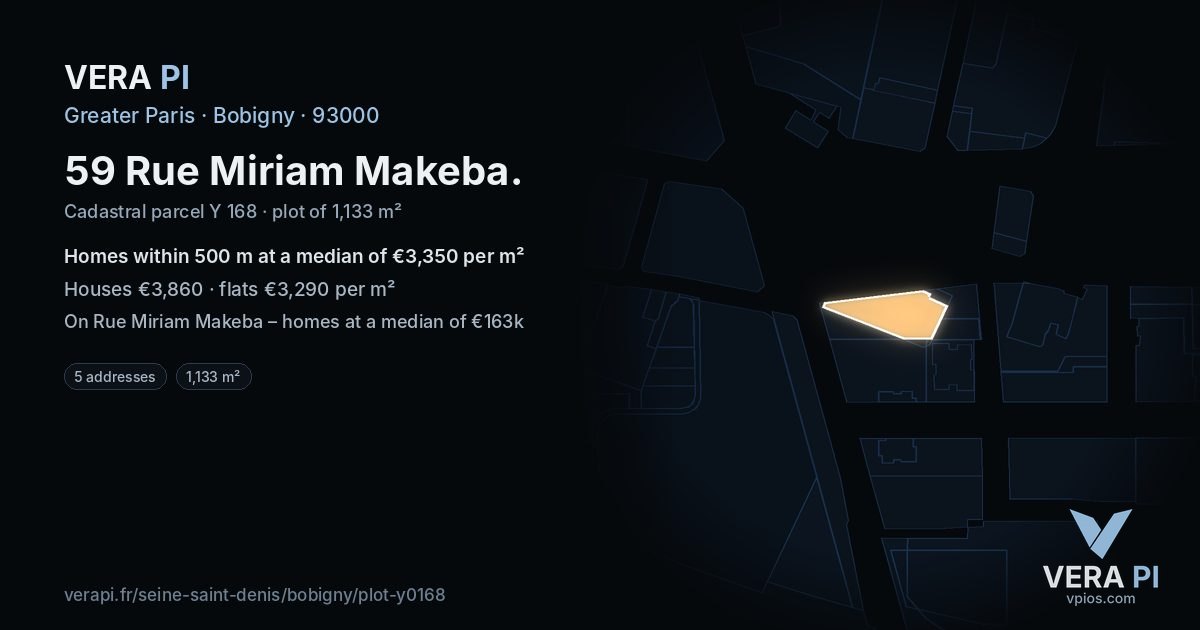 59 Rue Miriam Makeba, Bobigny at night – the plot lit, the parcels around coloured by the prices near them