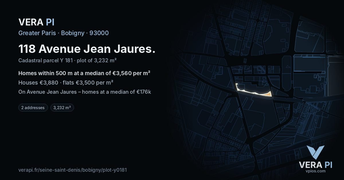 118 Avenue Jean Jaures, Bobigny at night – the plot lit, the parcels around coloured by the prices near them
