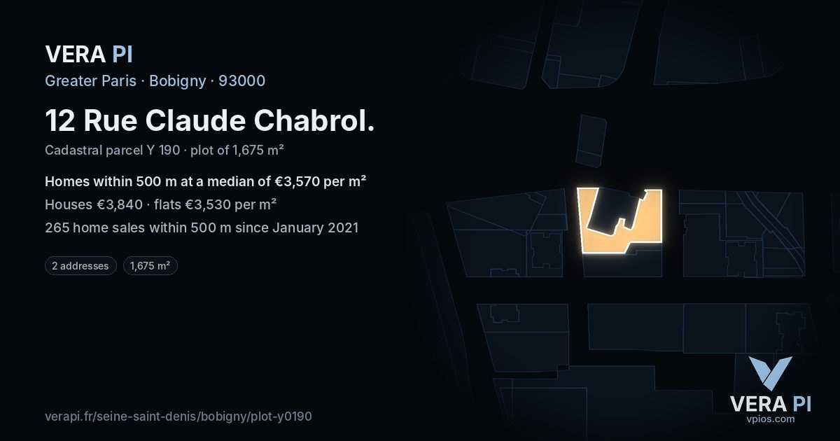 12 Rue Claude Chabrol, Bobigny at night – the plot lit, the parcels around coloured by the prices near them