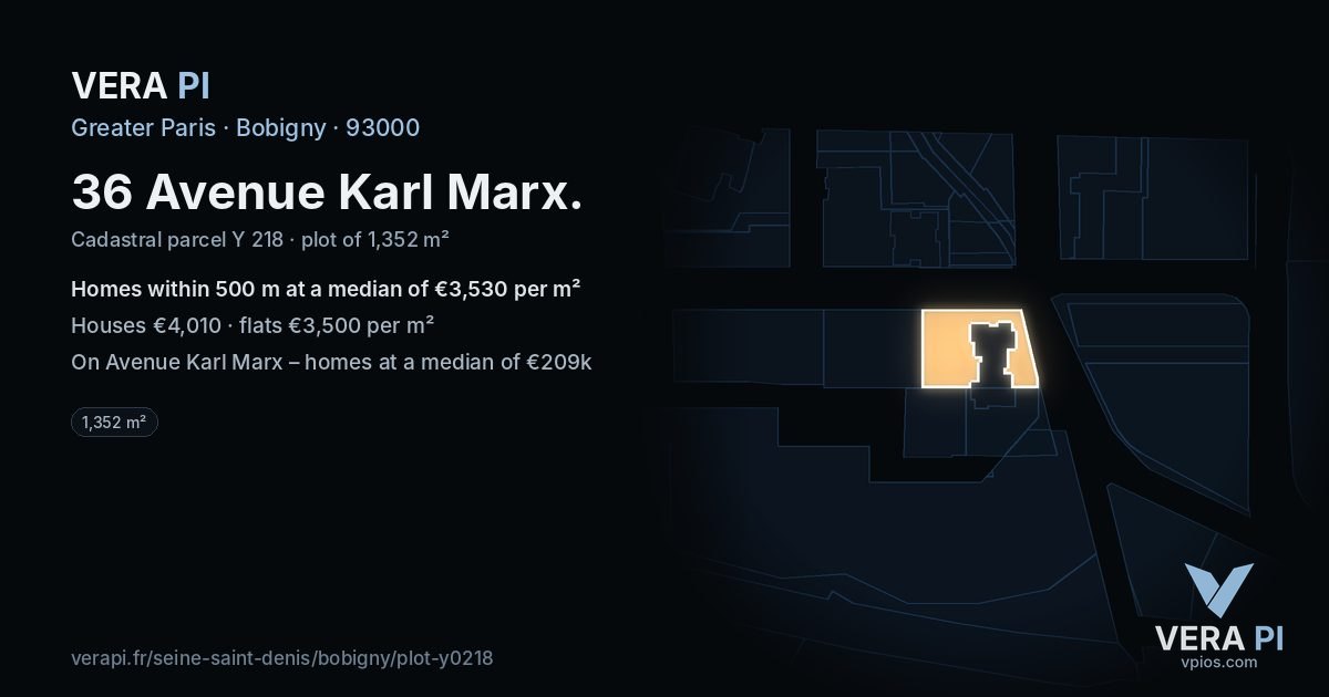 36 Avenue Karl Marx, Bobigny at night – the plot lit, the parcels around coloured by the prices near them
