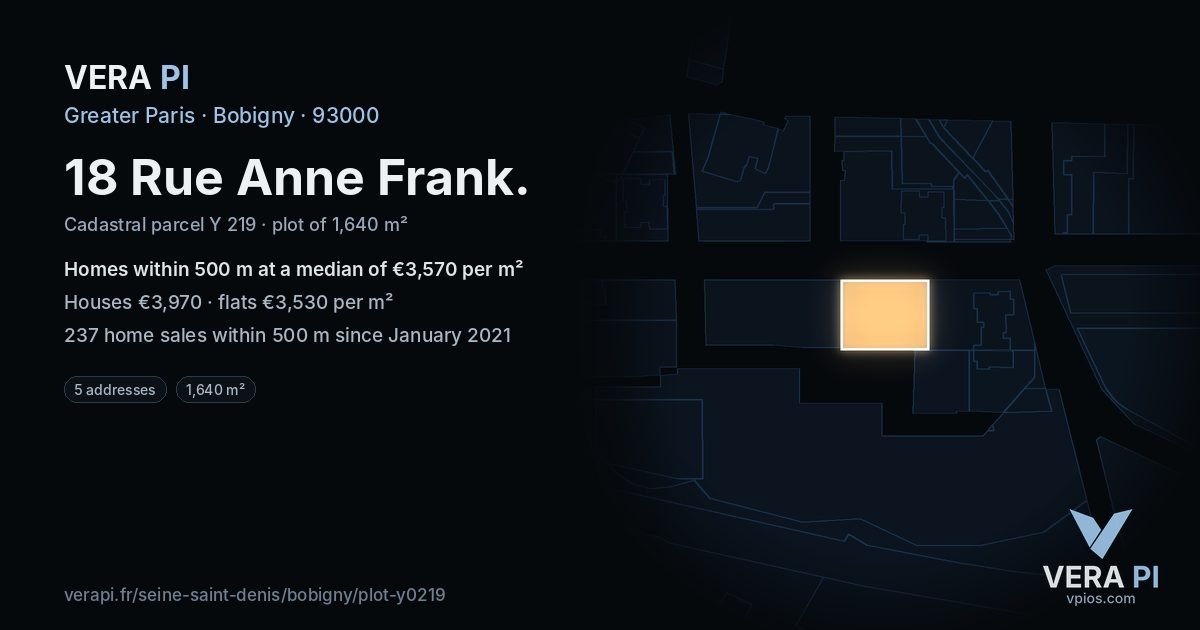 18 Rue Anne Frank, Bobigny at night – the plot lit, the parcels around coloured by the prices near them