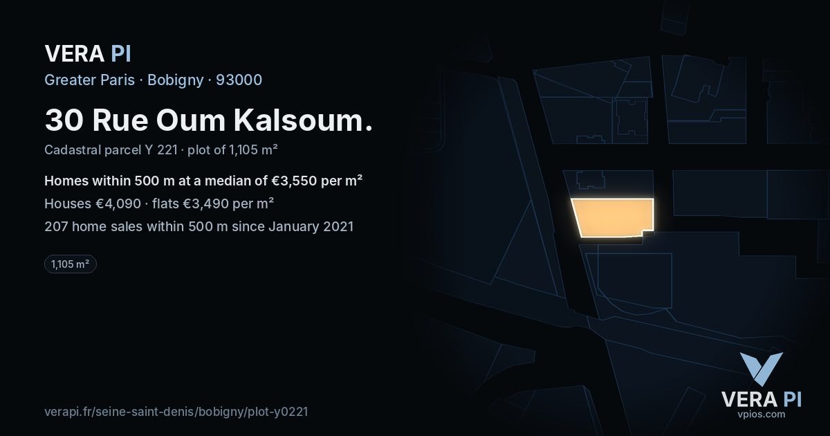 30 Rue Oum Kalsoum, Bobigny at night – the plot lit, the parcels around coloured by the prices near them