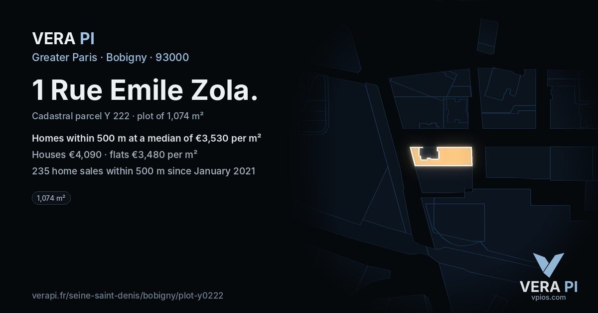 1 Rue Emile Zola, Bobigny at night – the plot lit, the parcels around coloured by the prices near them