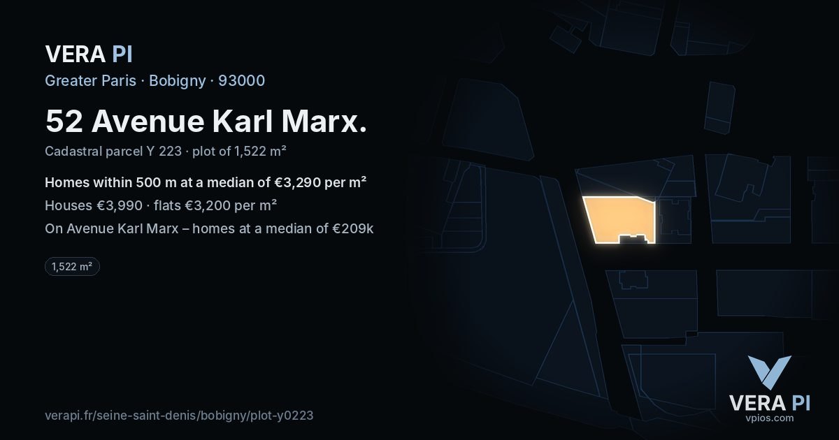 52 Avenue Karl Marx, Bobigny at night – the plot lit, the parcels around coloured by the prices near them