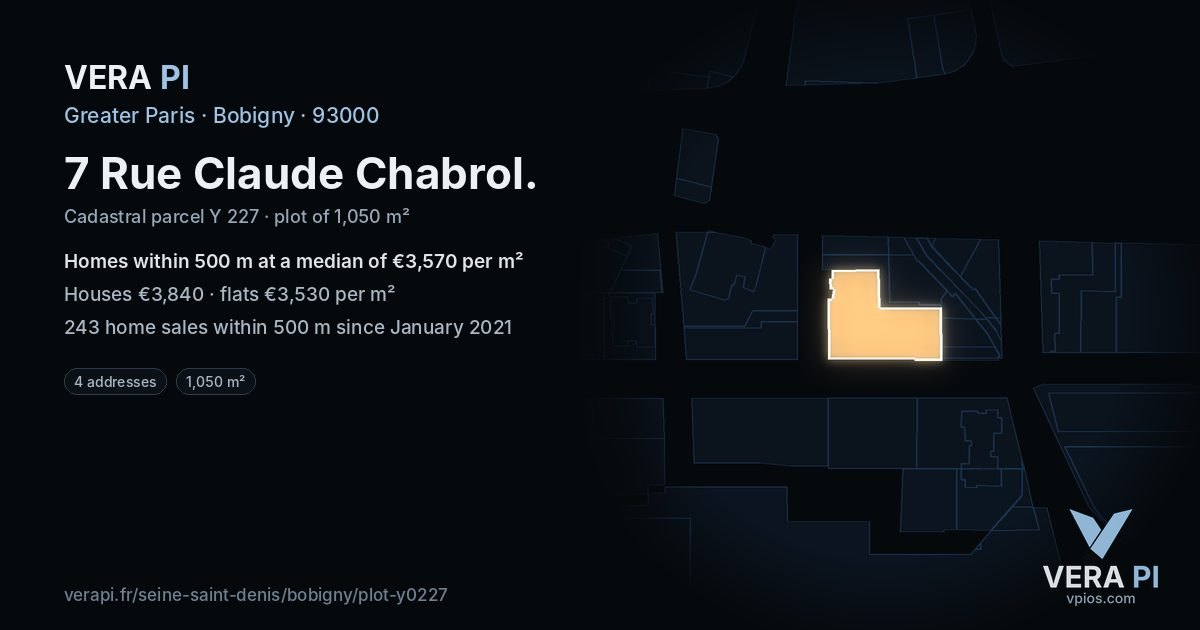 7 Rue Claude Chabrol, Bobigny at night – the plot lit, the parcels around coloured by the prices near them