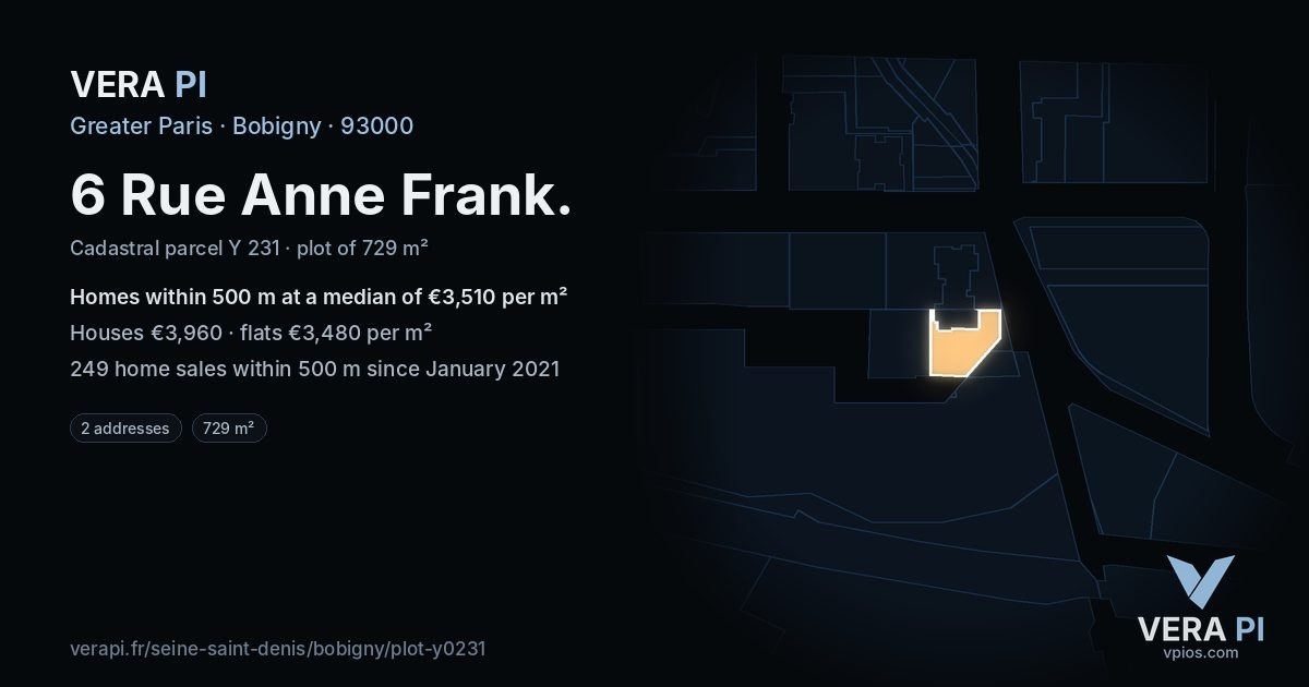 6 Rue Anne Frank, Bobigny at night – the plot lit, the parcels around coloured by the prices near them