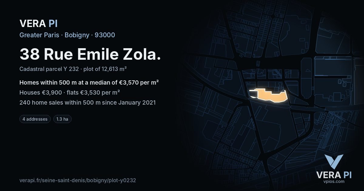 38 Rue Emile Zola, Bobigny at night – the plot lit, the parcels around coloured by the prices near them