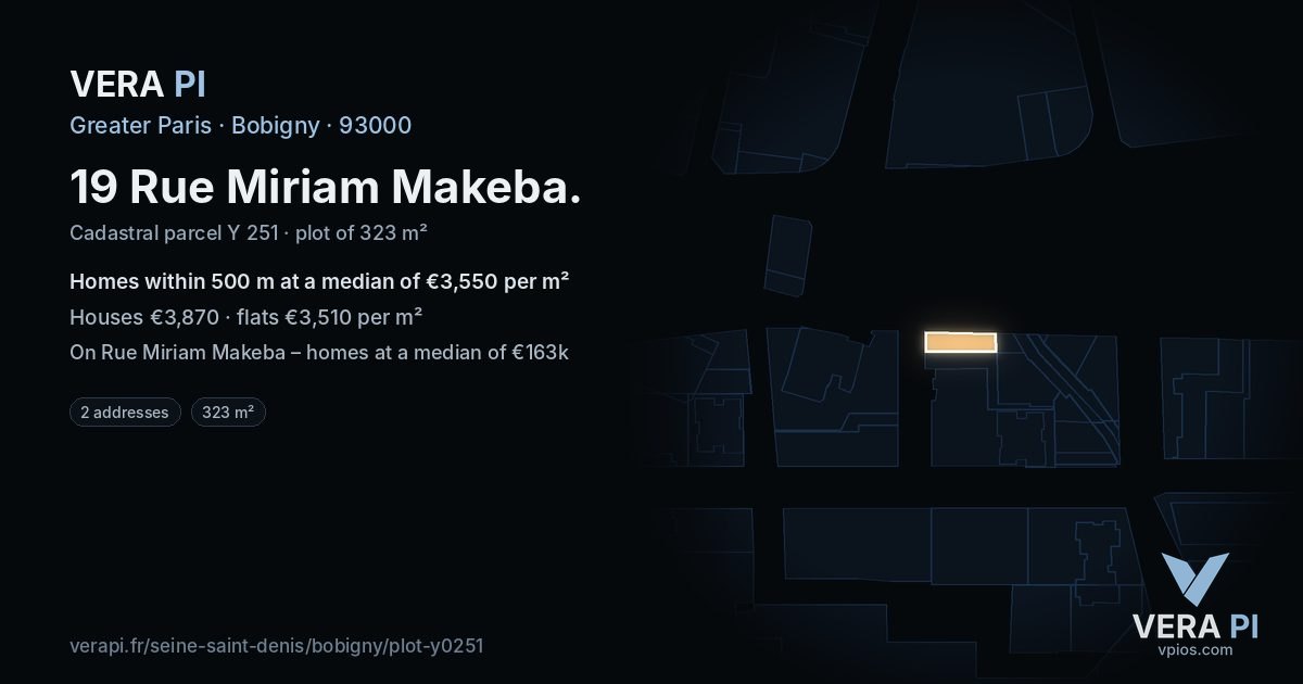 19 Rue Miriam Makeba, Bobigny at night – the plot lit, the parcels around coloured by the prices near them