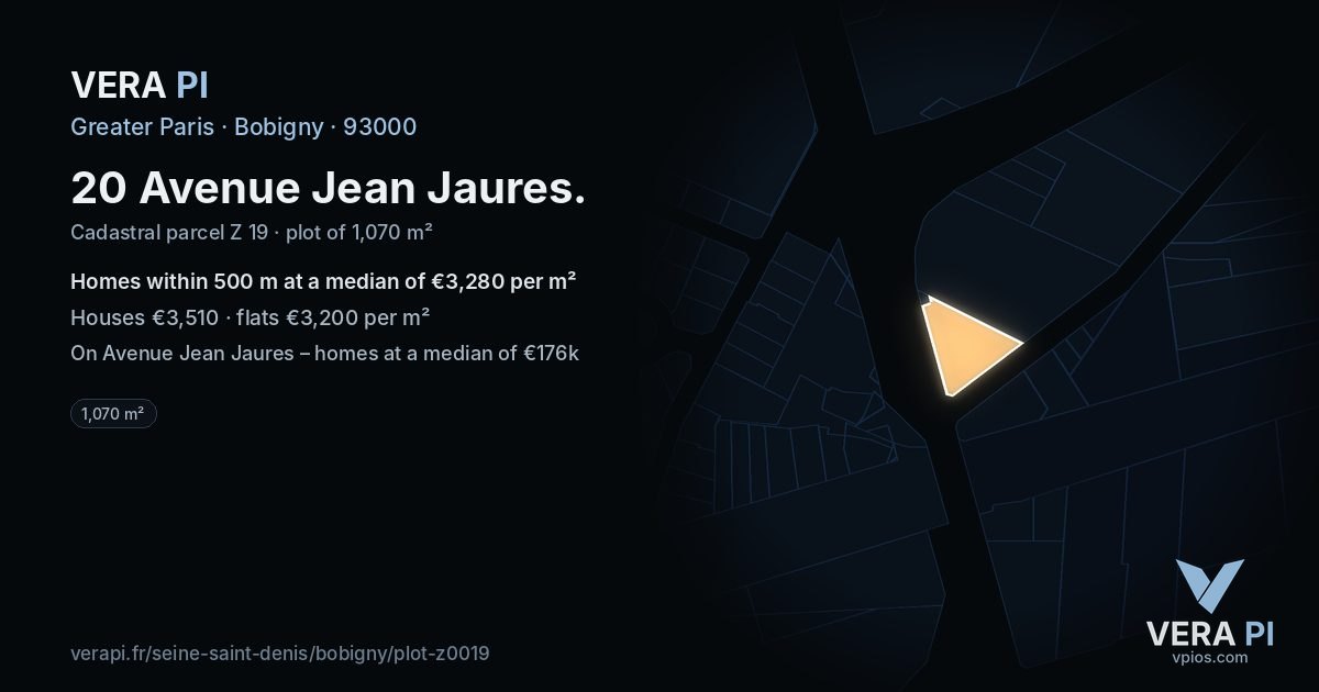 20 Avenue Jean Jaures, Bobigny at night – the plot lit, the parcels around coloured by the prices near them