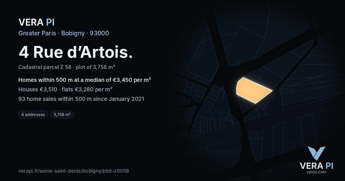 4 Rue d’Artois, Bobigny at night – the plot lit, the parcels around coloured by the prices near them