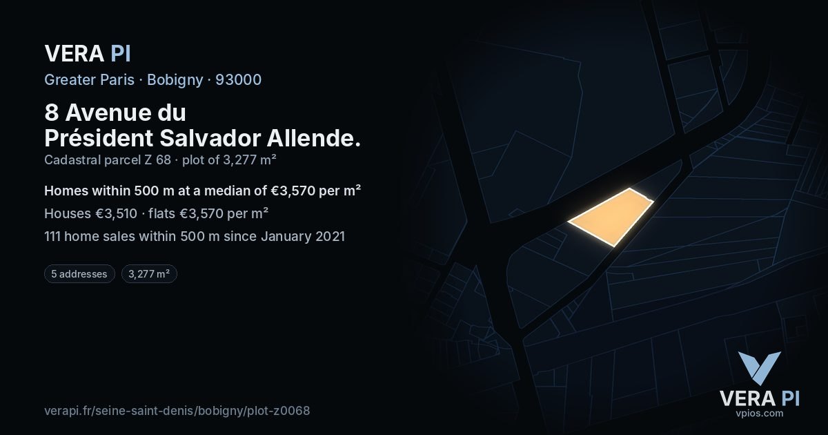 8 Avenue du Président Salvador Allende, Bobigny at night – the plot lit, the parcels around coloured by the prices near them