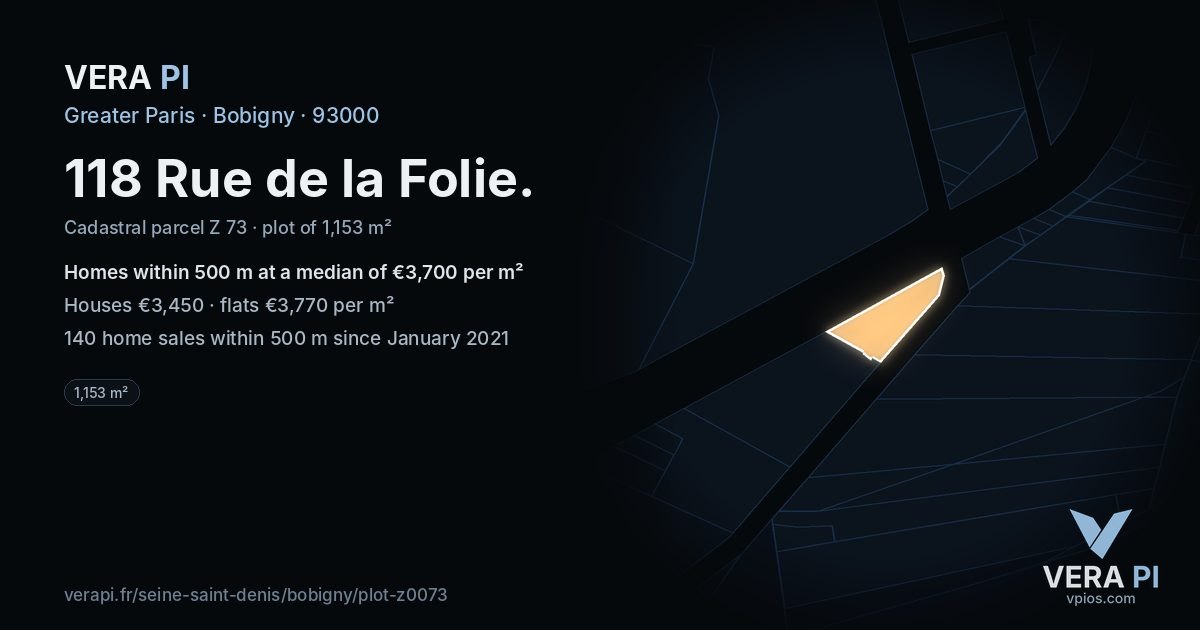 118 Rue de la Folie, Bobigny at night – the plot lit, the parcels around coloured by the prices near them