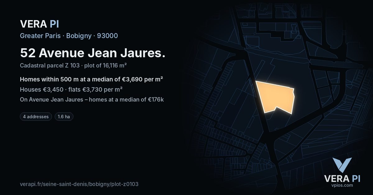 52 Avenue Jean Jaures, Bobigny at night – the plot lit, the parcels around coloured by the prices near them