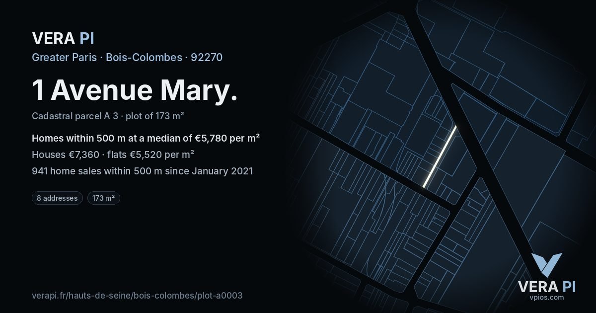 1 Avenue Mary, Bois-Colombes at night – the plot lit, the parcels around coloured by the prices near them