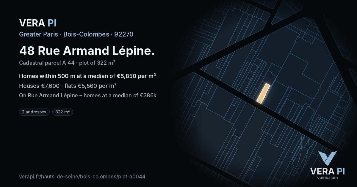 48 Rue Armand Lépine, Bois-Colombes at night – the plot lit, the parcels around coloured by the prices near them