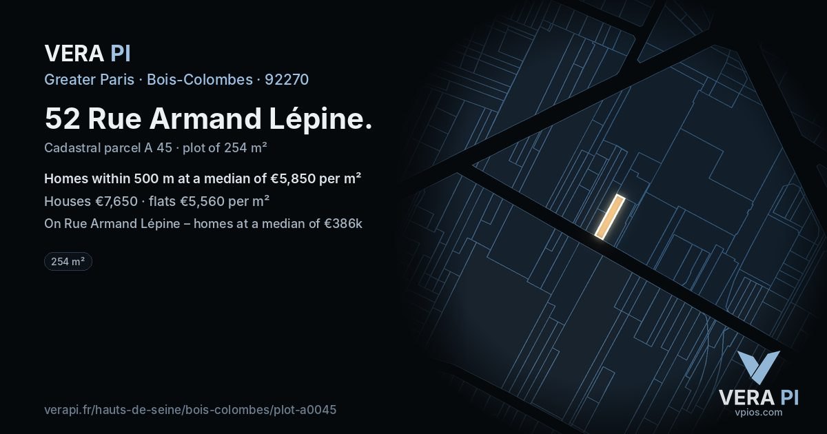 52 Rue Armand Lépine, Bois-Colombes at night – the plot lit, the parcels around coloured by the prices near them