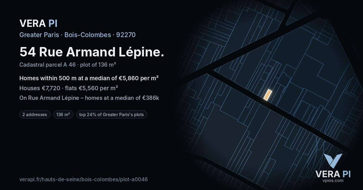 54 Rue Armand Lépine, Bois-Colombes at night – the plot lit, the parcels around coloured by the prices near them
