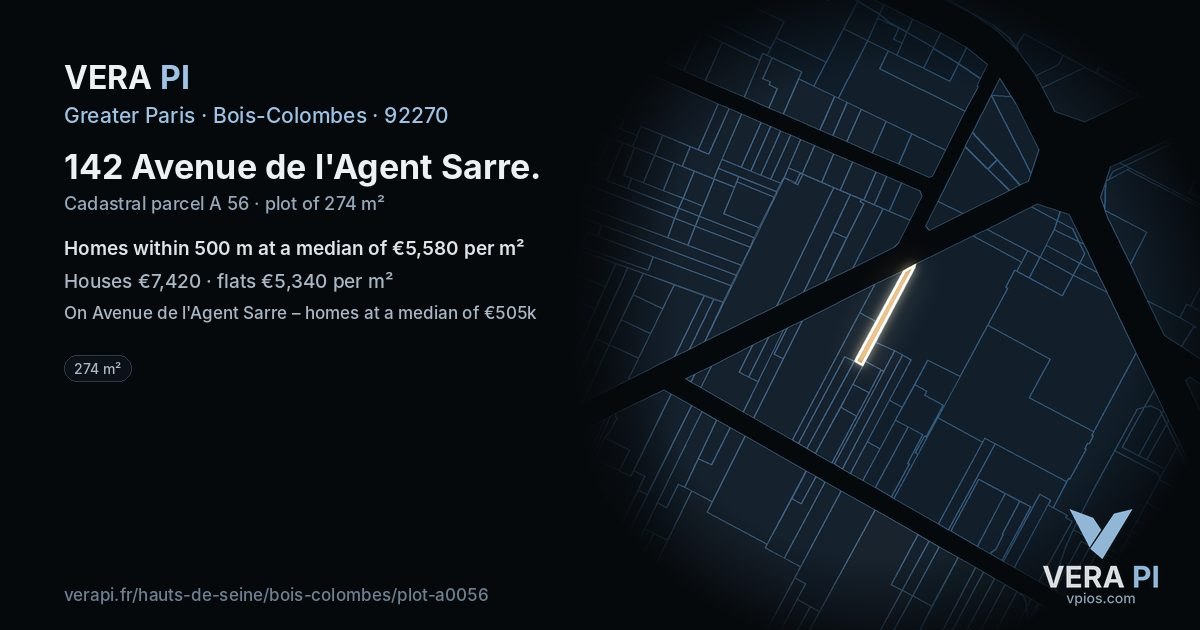142 Avenue de l'Agent Sarre, Bois-Colombes at night – the plot lit, the parcels around coloured by the prices near them