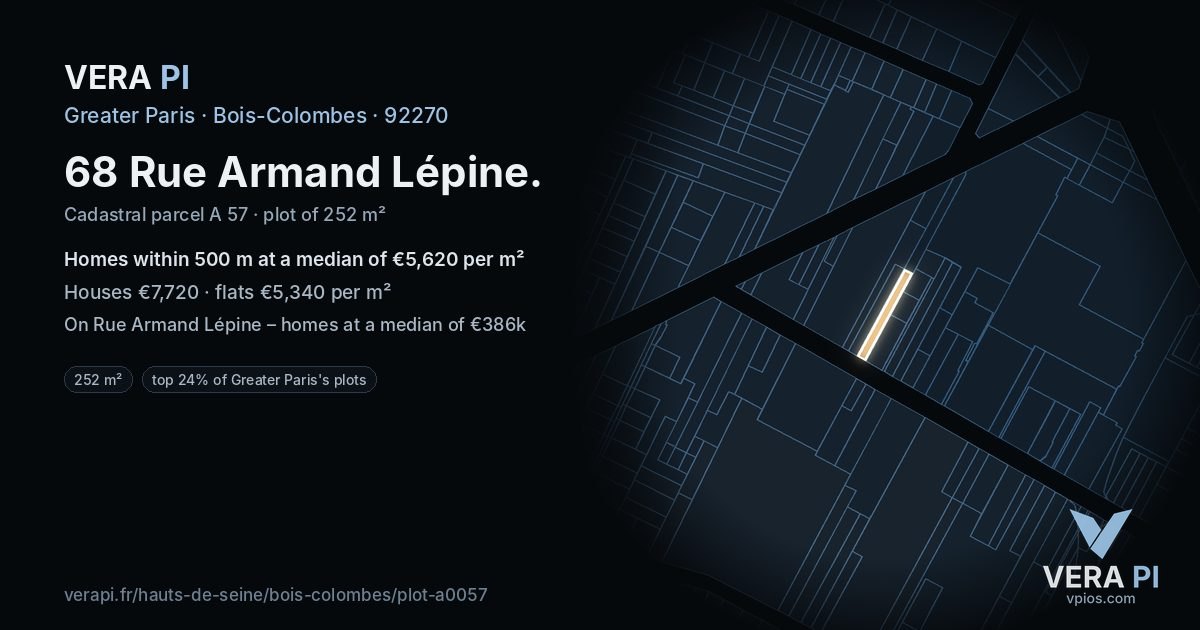 68 Rue Armand Lépine, Bois-Colombes at night – the plot lit, the parcels around coloured by the prices near them
